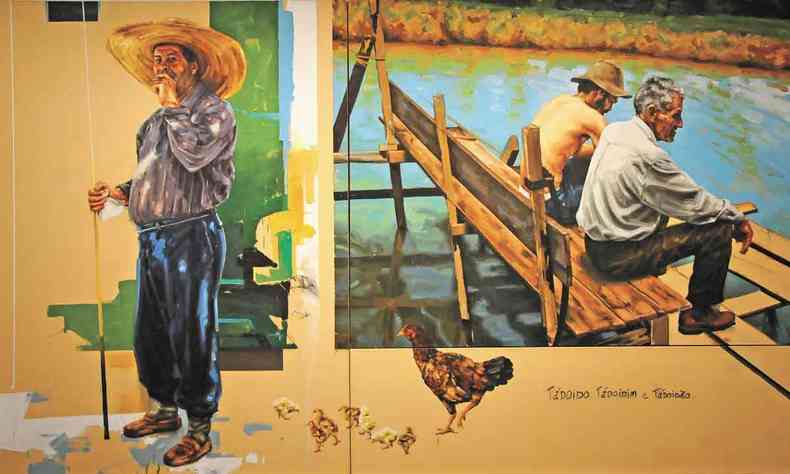 Tela mostra de um lado caipira com chapu de palha, dois homens em banco de madeira sobre gua de outro e uma galinha com pintinhos abaixo 
