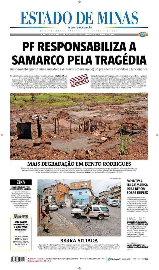 Confira a Capa do Jornal Estado de Minas do dia 30/01/2016