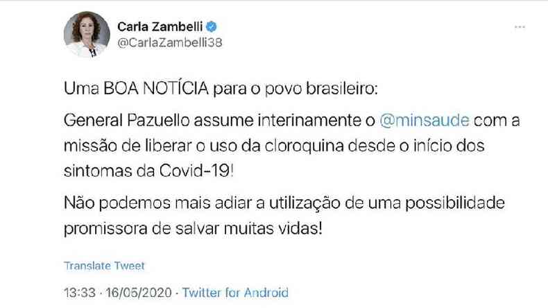 Quando Pazuello assumiu o ministrio, Zambelli disse que sua misso era liberar cloroquina(foto: Reproduo Twitter )