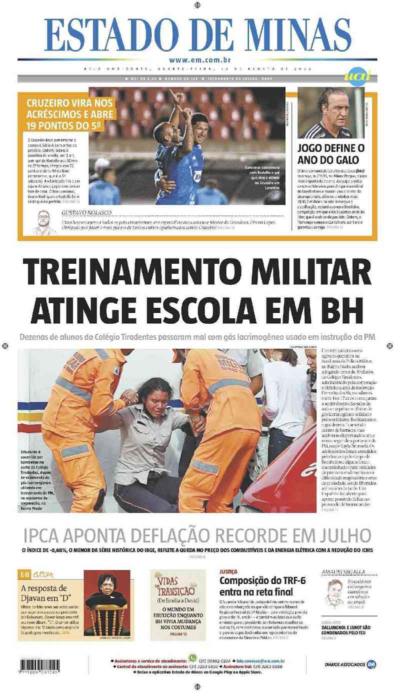 Confira a Capa do Jornal Estado de Minas do dia 10/08/2022