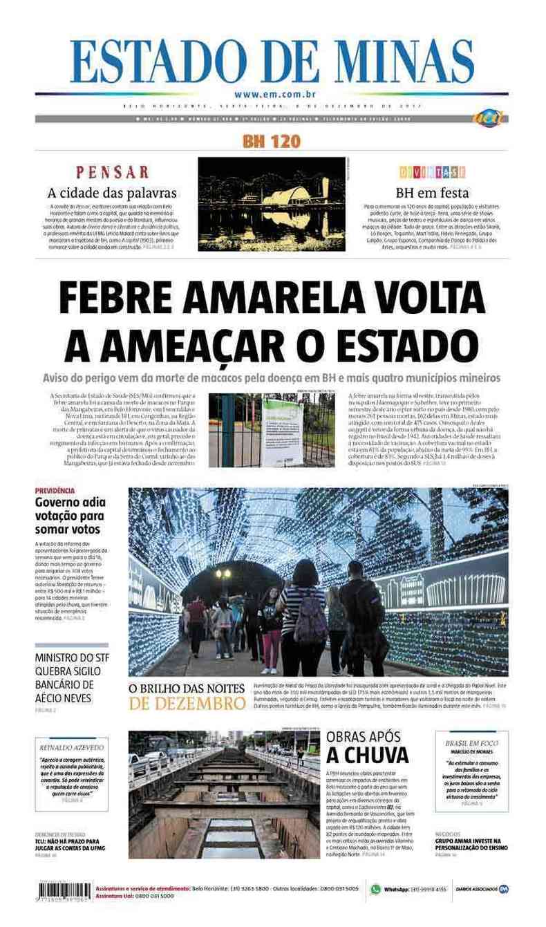 Confira a Capa do Jornal Estado de Minas do dia 08/12/2017