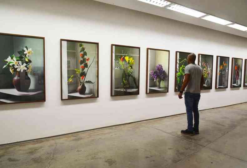 Homem observa imagens de vasos de flores na parede. So trabalhos da artista Rochelle Costi expostos em galeria de arte