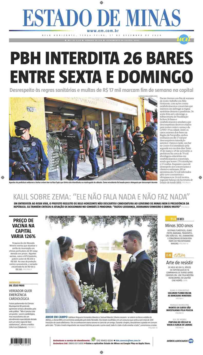 Confira a Capa do Jornal Estado de Minas do dia 01/12/2020(foto: Estado de Minas)