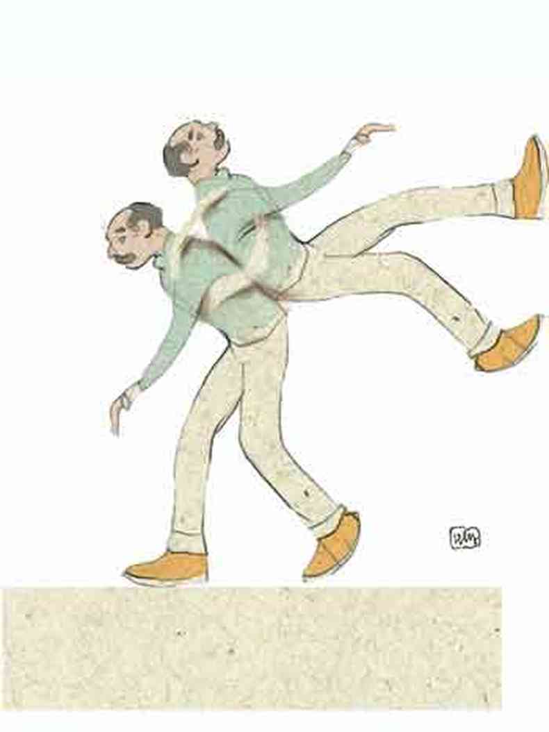 Ilustração mostra um homem andando e carregando outro homem nas costas