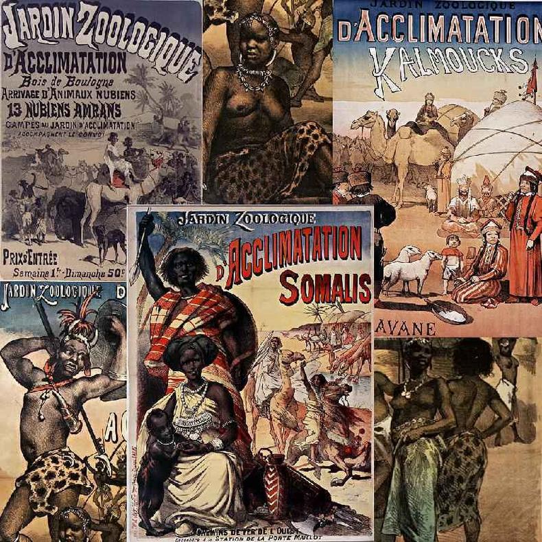 Cartazes das exposies de nbios (1877), calmucos (1883) e somalis (1890) no Jardin Zoologique d'Acclimatation em Paris, com detalhes do cartaz da mostra dos ashantis (1887)