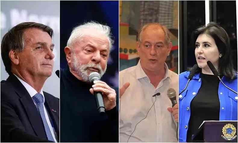 Jair Bolsonaro (PL), Lula (PT), Ciro Gomes (PDT) e Simone Tebet (MDB) lado a lado