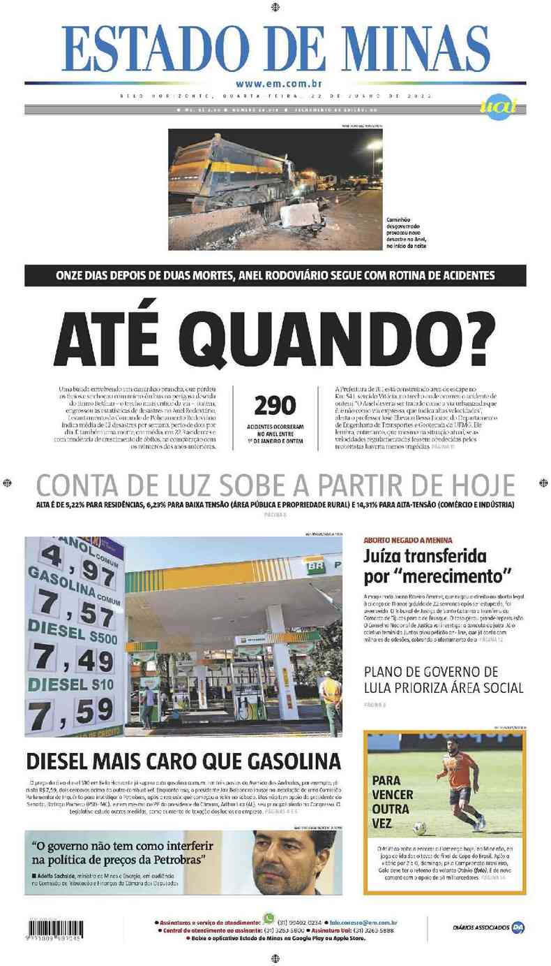 Confira a Capa do Jornal Estado de Minas do dia 22/06/2022