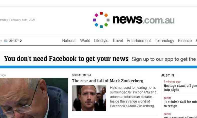 Site australiano alerta leitores de que eles no precisam do Facebook para ter acesso a notcias, basta baixar o app(foto: Reproduo/Internet)
