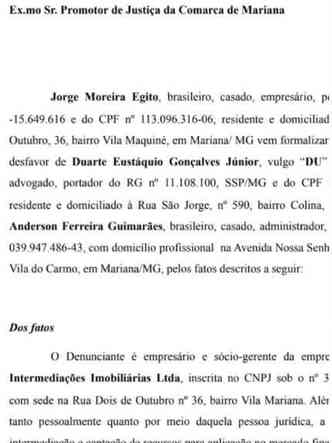 A notcia-crime foi protocolada no dia 7 de abril e aguarda parecer do promotor de Justia de Mariana(foto: Divulgao/Arquivo pessoal)