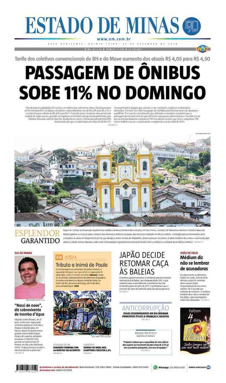 Confira a Capa do Jornal Estado de Minas do dia 27/12/2018(foto: Estado de Minas)