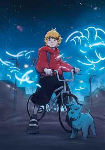 Desenho mostra garoto em bicicleta com mochila nas costas e cozinho ao lado