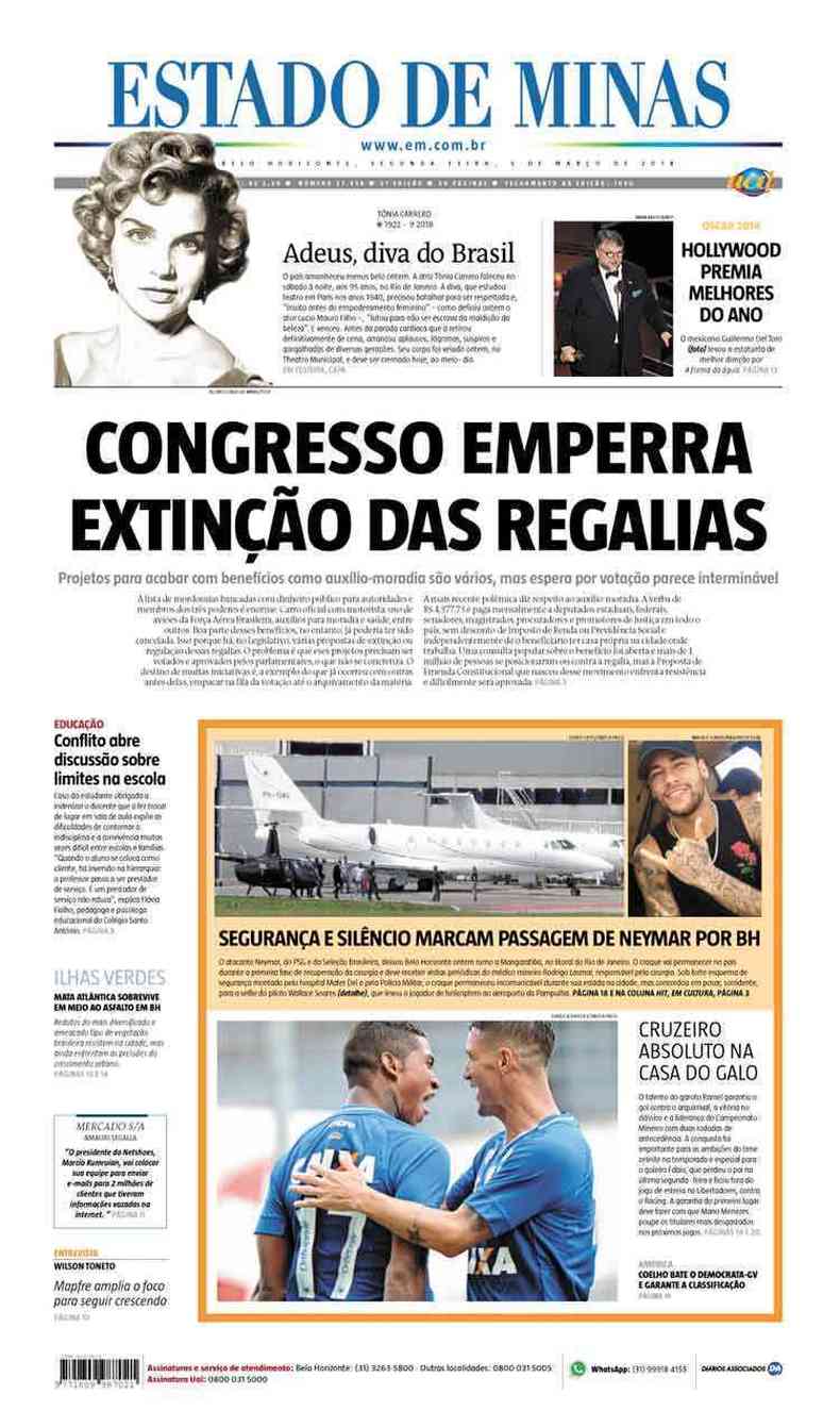 Confira a Capa do Jornal Estado de Minas do dia 05/03/2018