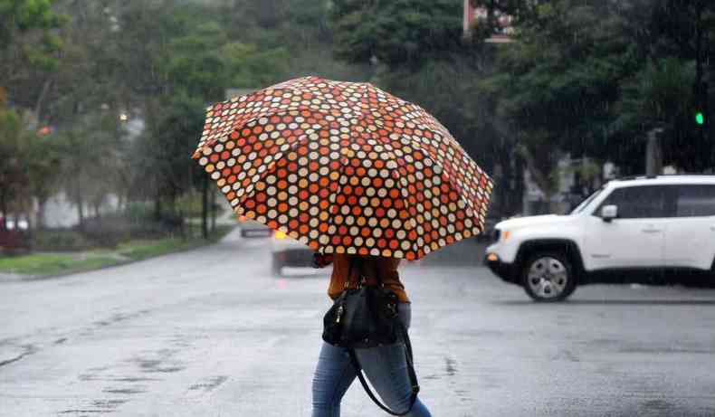 Pessoa andando com guarda-chuva na rua.