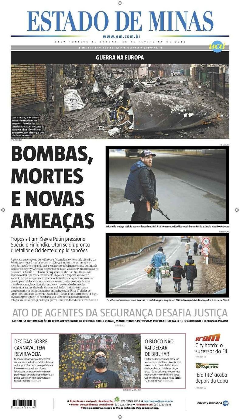 Confira a Capa do Jornal Estado de Minas do dia 26/02/2022