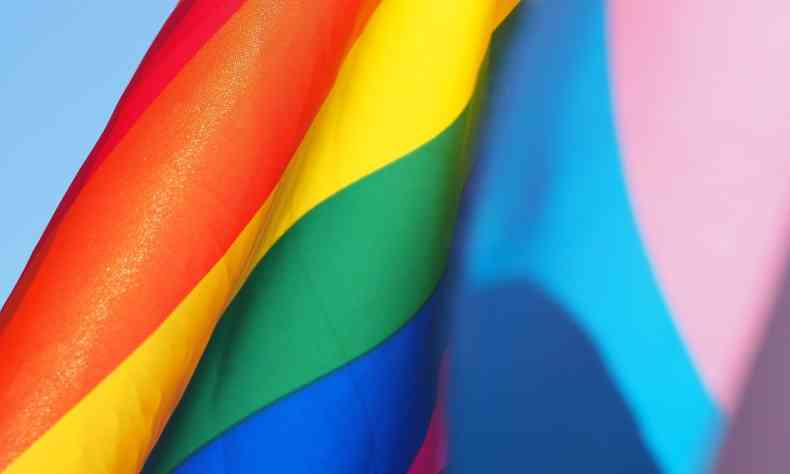 Bandeiras LGBTQIA+ e Trans lado a lado. A primeira tem as cores do arco-ris em ordem e a segunda, as cores rosa, azul e branco