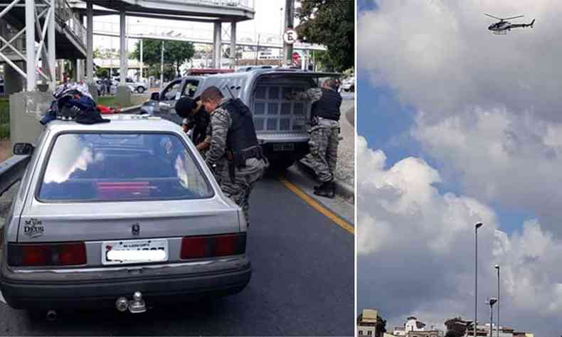 Policias revistam o carro Escort abandonado na Avenida Bernardo Vasconcelos, na Regio Nordeste de BH. O helicptero usado para prender os suspeitos em fuga(foto: Divulgao)