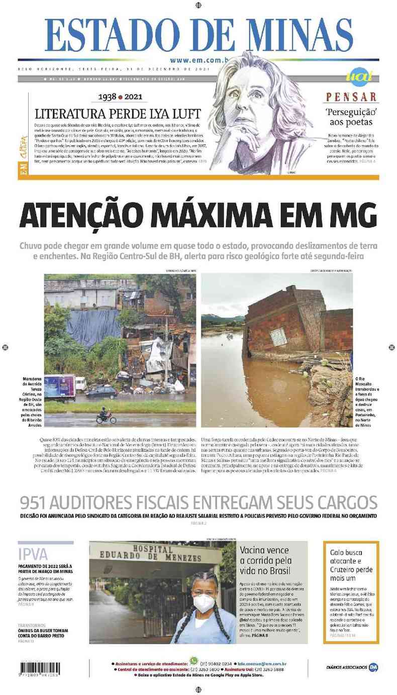 Confira a Capa do Jornal Estado de Minas do dia 31/12/2021