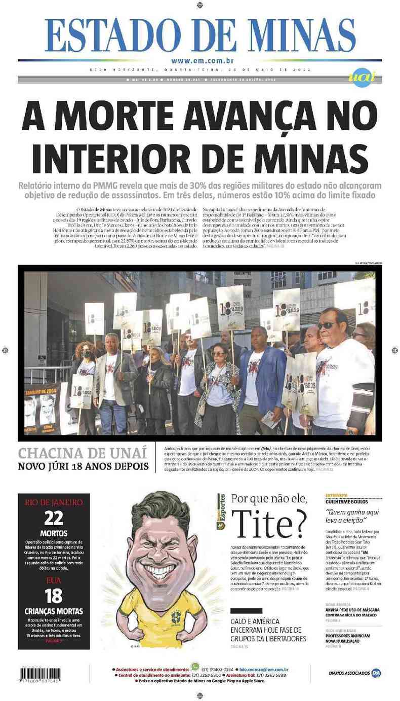 Confira a Capa do Jornal Estado de Minas do dia 25/05/2022