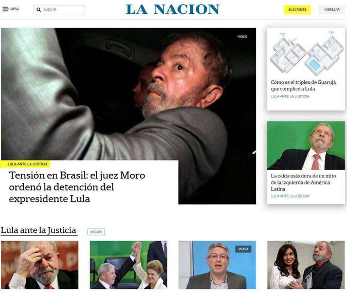 O argentino La Nacion reservou a capa de seu site para notícias relacionadas ao pedido de prisão do ex-presidente(foto: Reprodução) O argentino La Nacion reservou a capa de seu site para notícias relacionadas ao pedido de prisão do ex-presidente(foto: Reprodução)