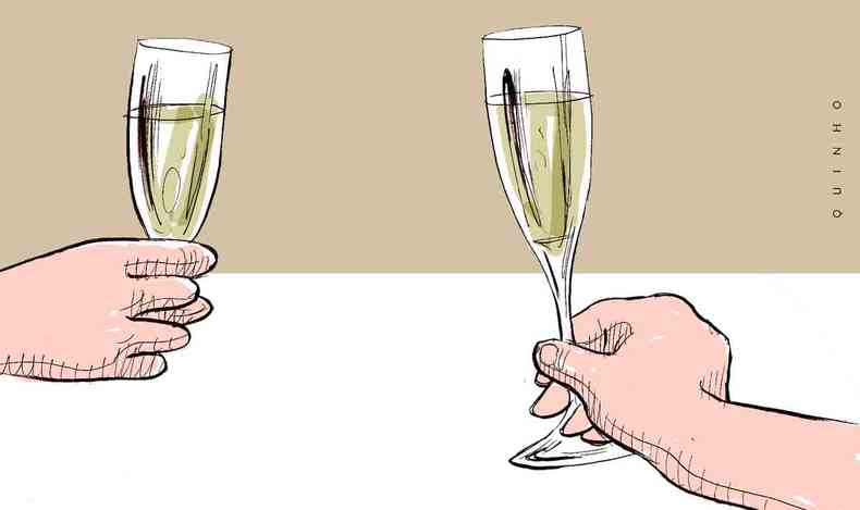 Ilustrao mostra duas mos segurando taas de champanhe