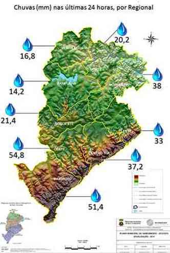 Acumulado de chuva nas ltimas 24 horas em BH (clique para ampliar)(foto: Defesa Civil/Divulgao)