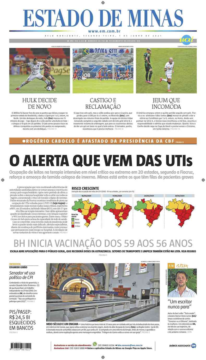 Confira a Capa do Jornal Estado de Minas do dia 07/06/2021(foto: Estado de Minas)
