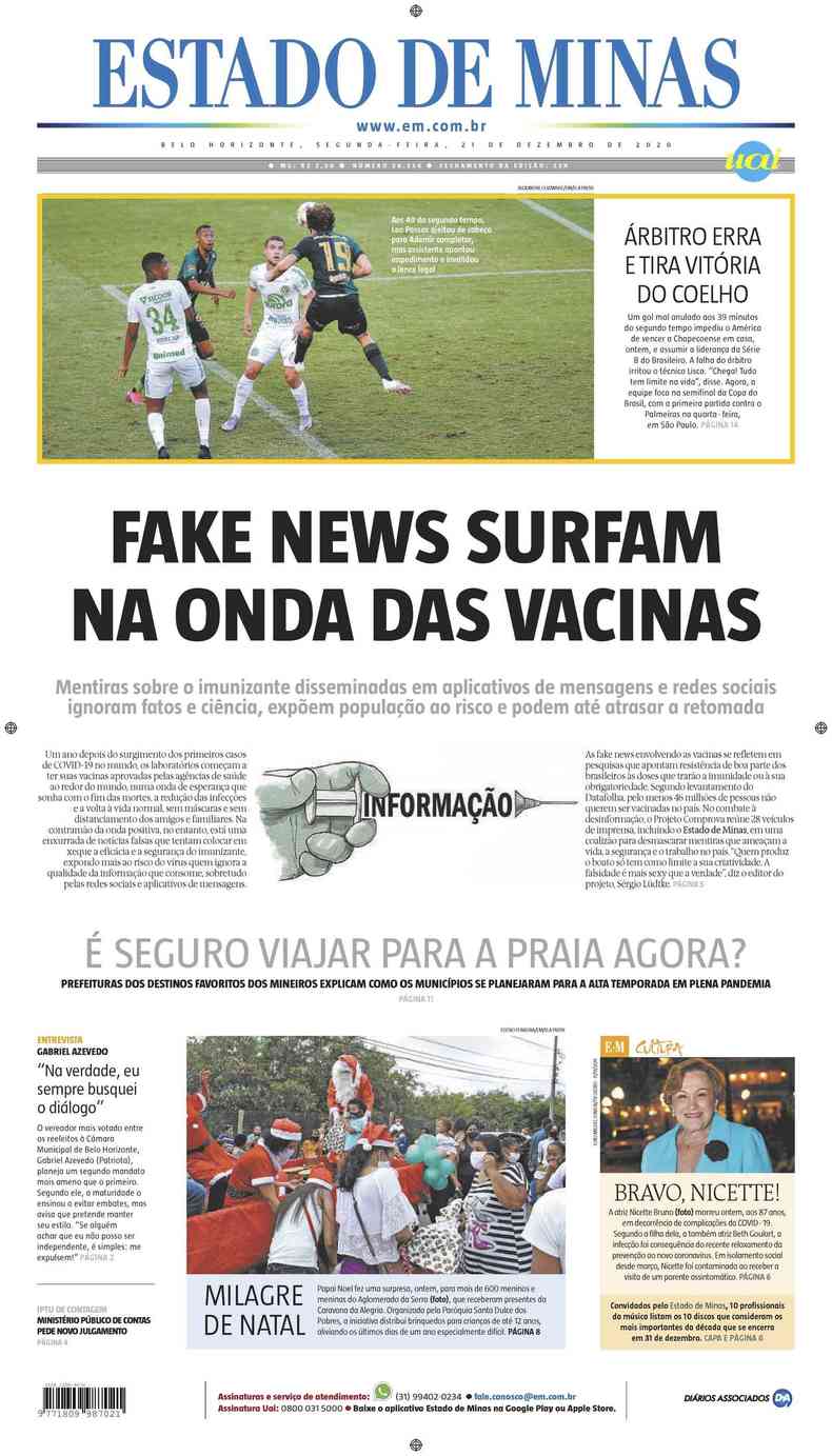 Confira a Capa do Jornal Estado de Minas do dia 21/12/2020(foto: Estado de Minas)