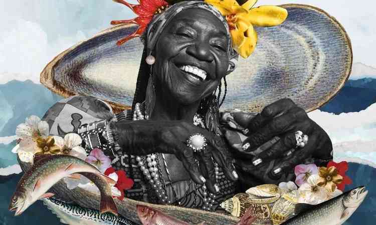 Capa de single traz Lia de Itamarac sorrindo, dentro de uma concha, em meio a ilustraes de peixes e flores 
