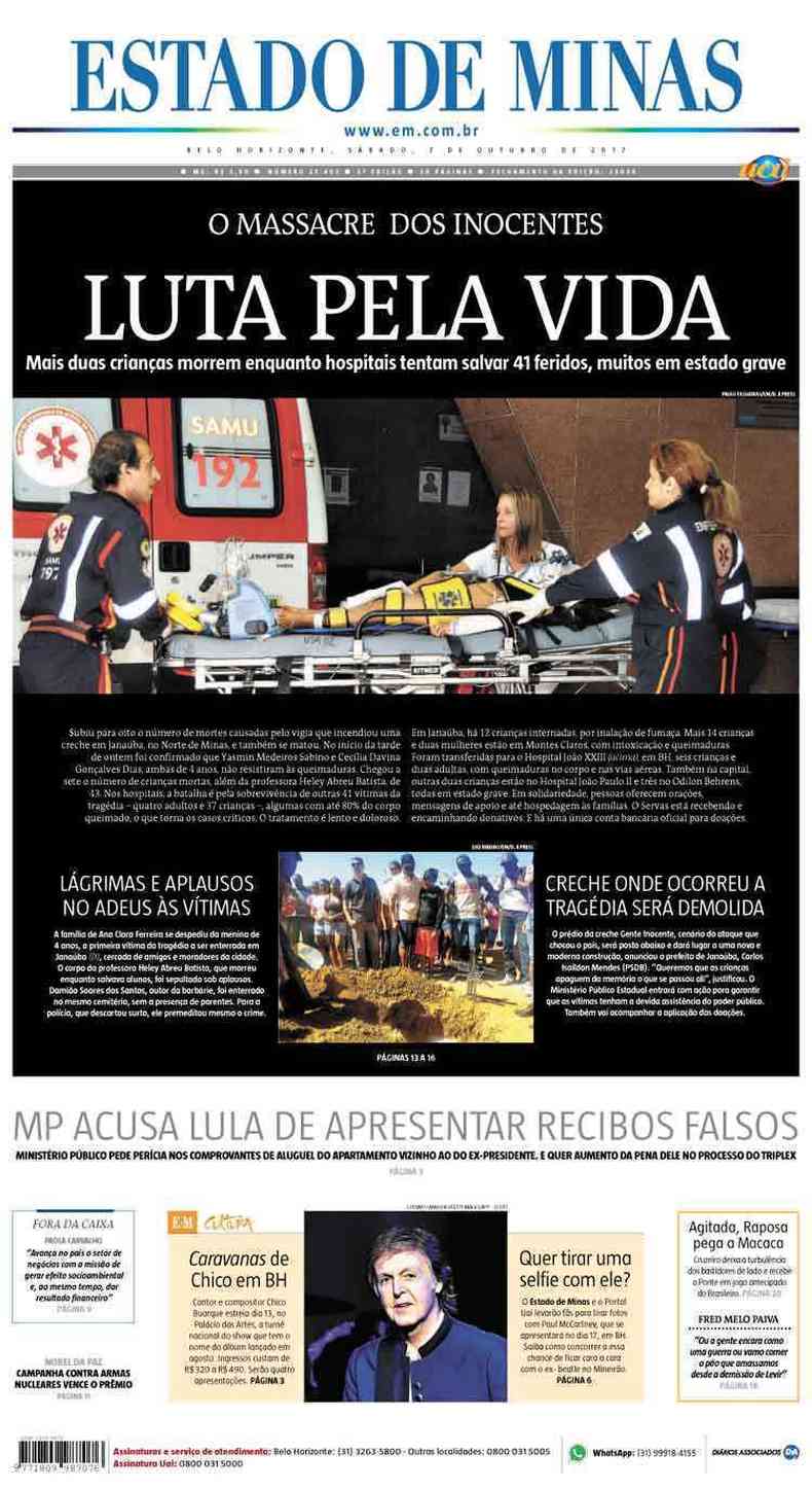 Confira a Capa do Jornal Estado de Minas do dia 07/10/2017