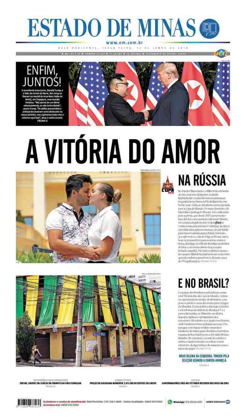 Confira a Capa do Jornal Estado de Minas do dia 12/06/2018