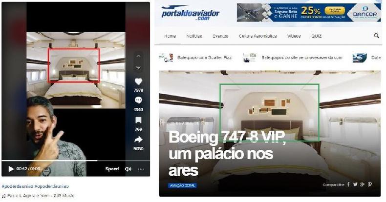 Comparao feita em 26 de junho de 2023 com capturas de tela de uma publicao no TikTok e do Portal do Aviador