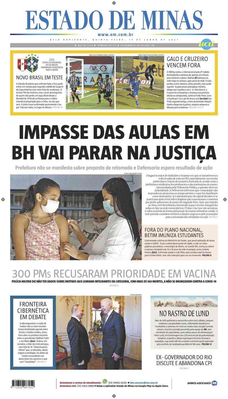 Confira a Capa do Jornal Estado de Minas do dia 17/06/2021(foto: Estado de Minas)