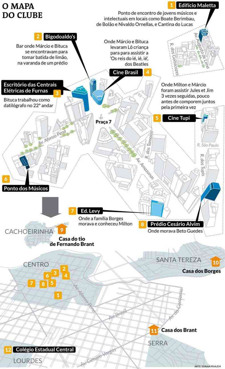 infográfico com mapa dos lugares de BH que estão relacionados à história do Clube da Esquina