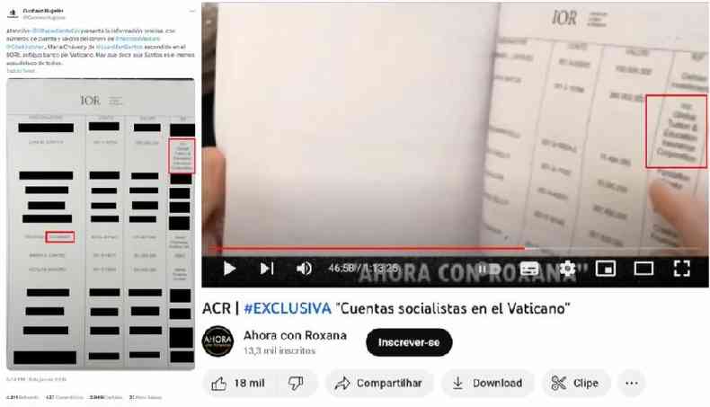 Comparao feita em 12 de julho de 2023 entre supostos documentos publicados pelo site El Expediente e um vdeo do canal 'Ahora con Roxana' YouTube
