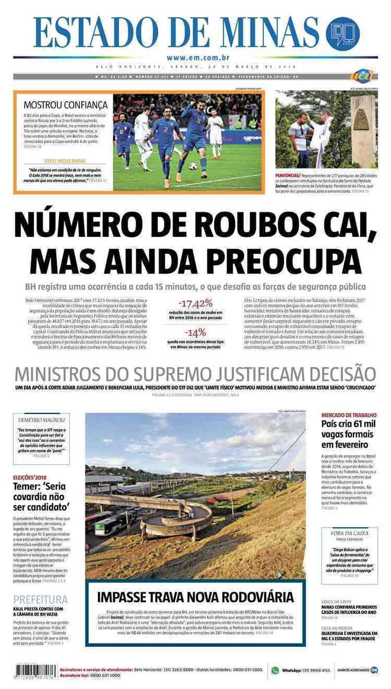 Confira a Capa do Jornal Estado de Minas do dia 24/03/2018