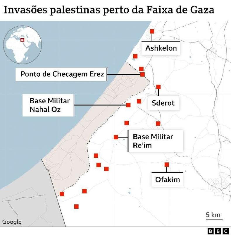 O ataque surpresa do Hamas partiu da Faixa de Gaza e se espalhou por várias localidade (em vermelho) de Israel(foto: BBC) O ataque surpresa do Hamas partiu da Faixa de Gaza e se espalhou por várias localizados (em vermelho) de Israel