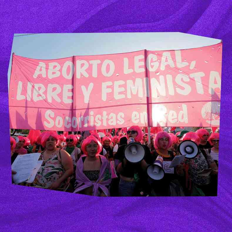 Foto que mostra mulheres de peruca cor de rosa chanel e com franja segurando megafones e um cartaz no qual se l 'Aborto legal, libre y feminista/Socorristas en Red'