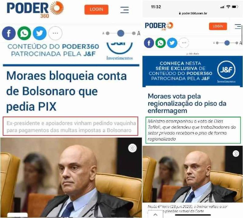 Comparao feita em 27 de junho de 2023 entre a manchete que circula nas redes sociais (E) e uma notcia verdica publicada pelo jornal Poder 360