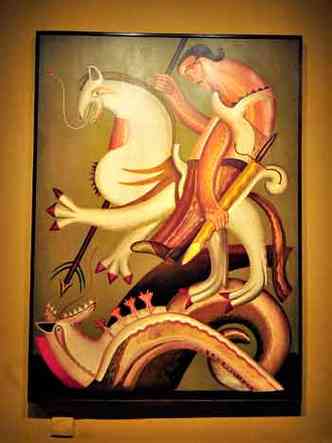 Pintura mostra So Jorge montado no cavalo com sua lana na boca do drago, deitado sob as patas do animal