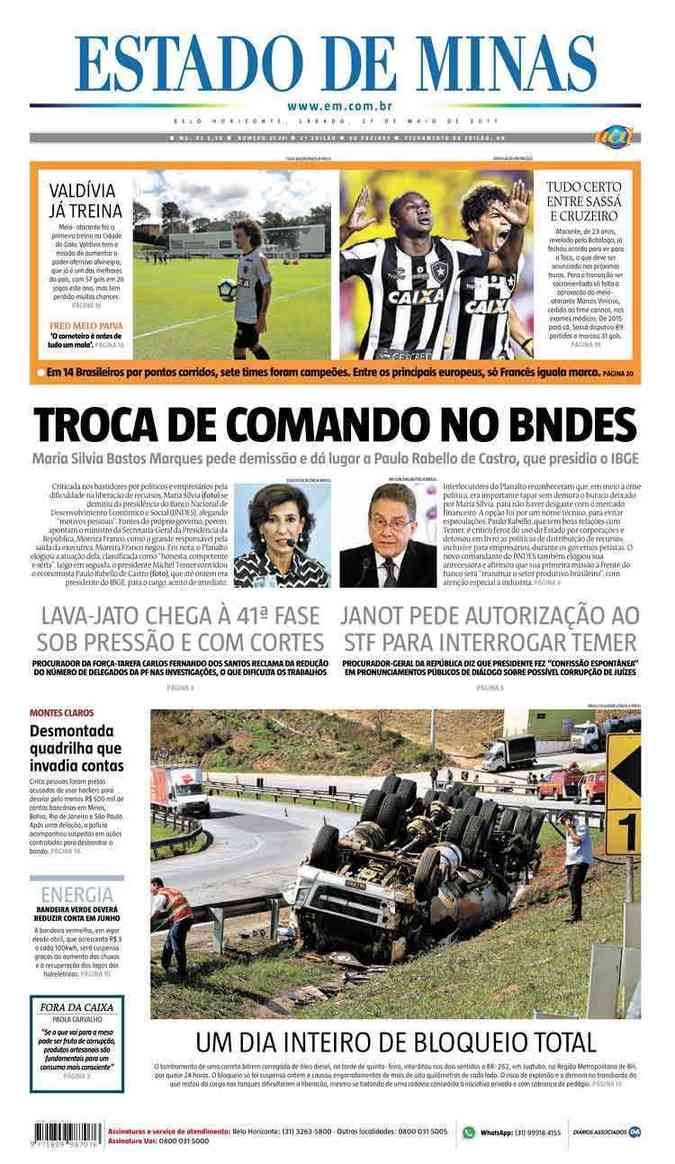 Confira a Capa do Jornal Estado de Minas do dia 27/05/2017