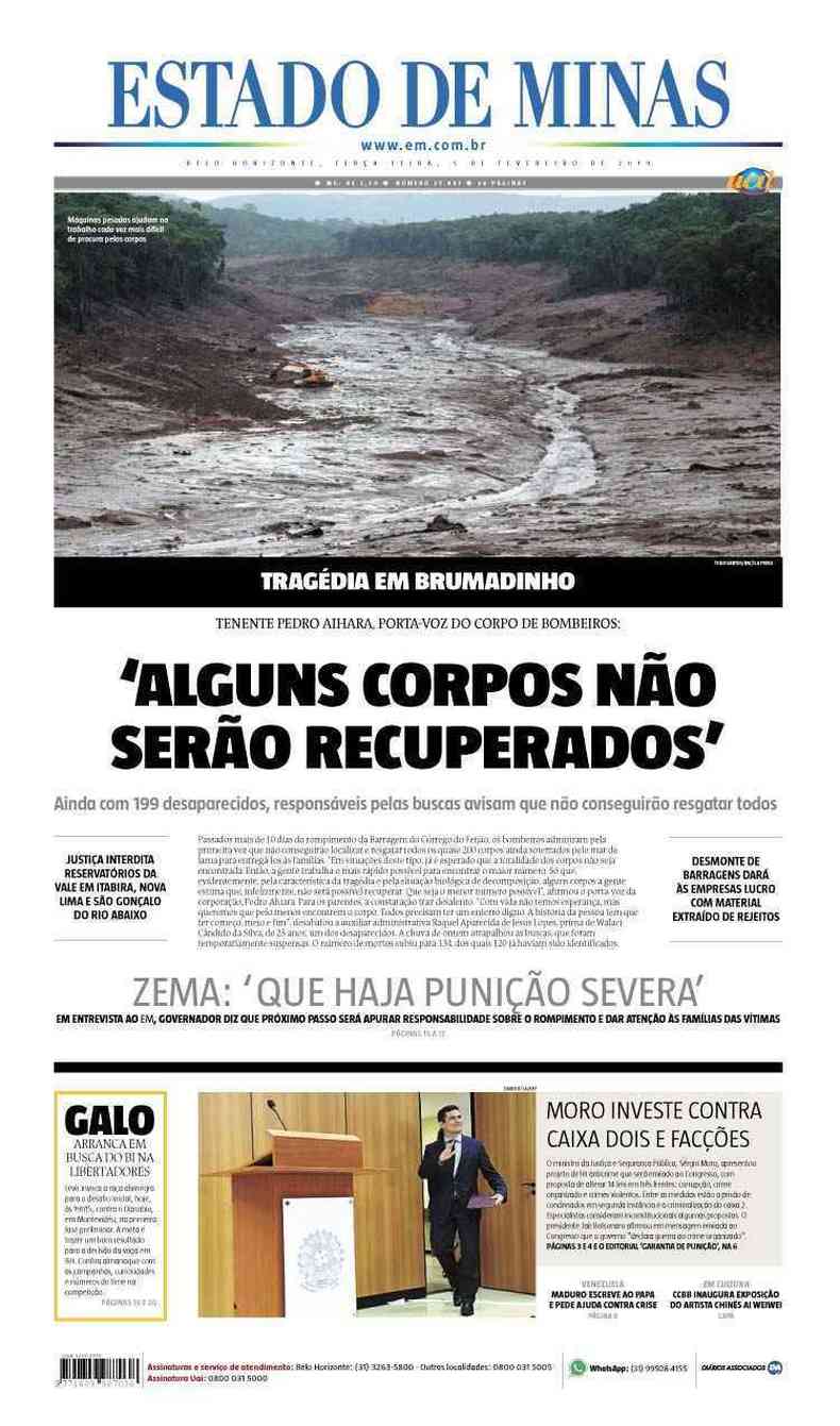 Confira a Capa do Jornal Estado de Minas do dia 05/02/2019(foto: Estado de Minas)