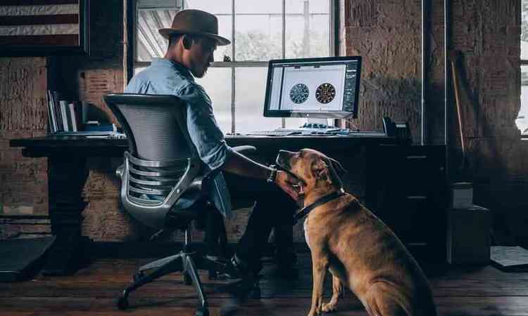 homem trabalhando com seu cachorro ao lado da mesa do escritrio