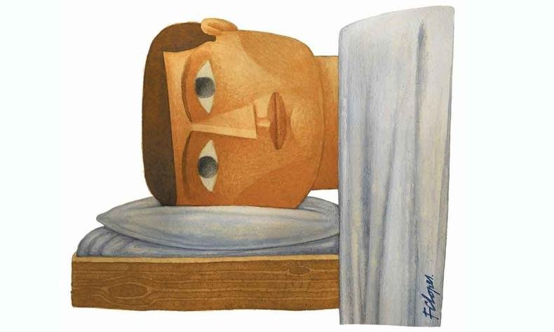 Ilustrao mostra homem deitado, com a cabea no travesseiro, de olhos abertos 