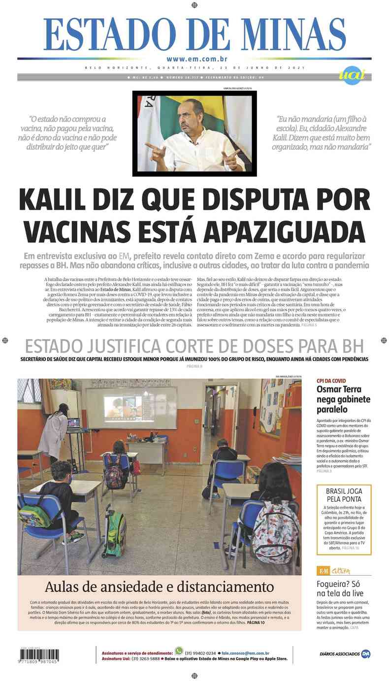 Confira a Capa do Jornal Estado de Minas do dia 23/06/2021(foto: Estado de Minas)