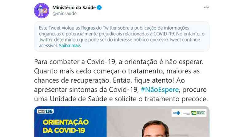 Publicao do Ministrio da Sade sobre ''tratamento precoce'' contra COVID-19 foi marcada como enganosa pelo Twitter(foto: Reproduo)