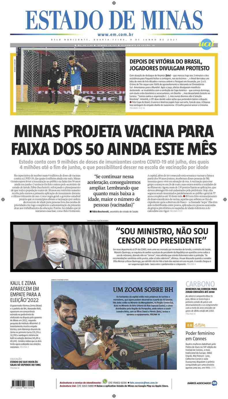 Confira a Capa do Jornal Estado de Minas do dia 09/06/2021(foto: Estado de Minas)