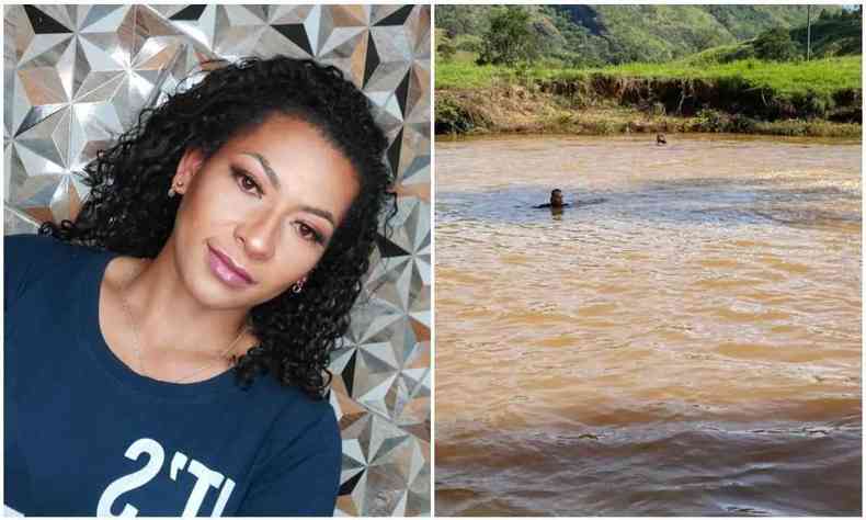 Montagem com fotos de Elizangela Pereira e córrego em Alvinópolis onde ela e o marido morreram afogados