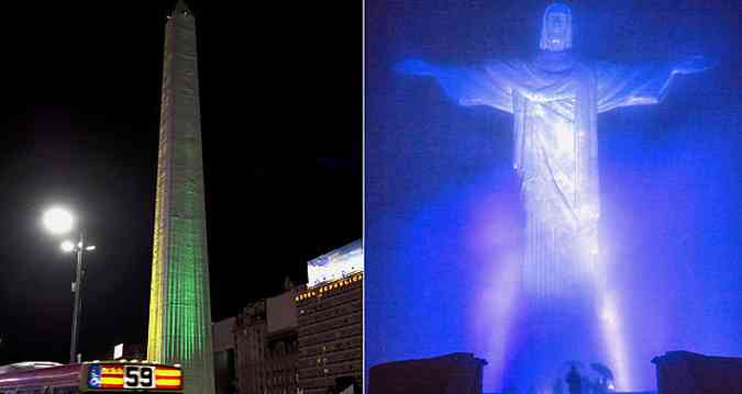 Famoso Obelisco da capital argentina ganha as cores do Brasil, e o Cristo Redentor, as do pas vizinho(foto: AFP Photo/Alejandro Pagni/Yasuyoshi Chiba)