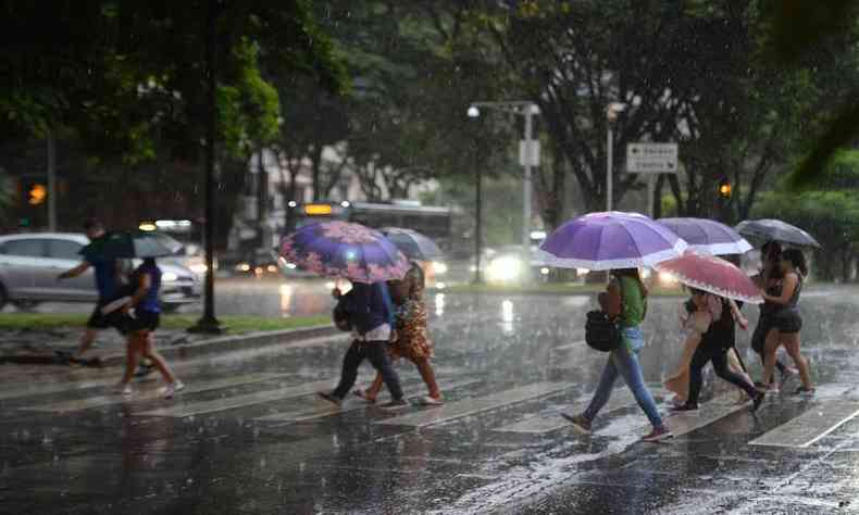 pessoas com sombrinha se protegendo da chuva em bh