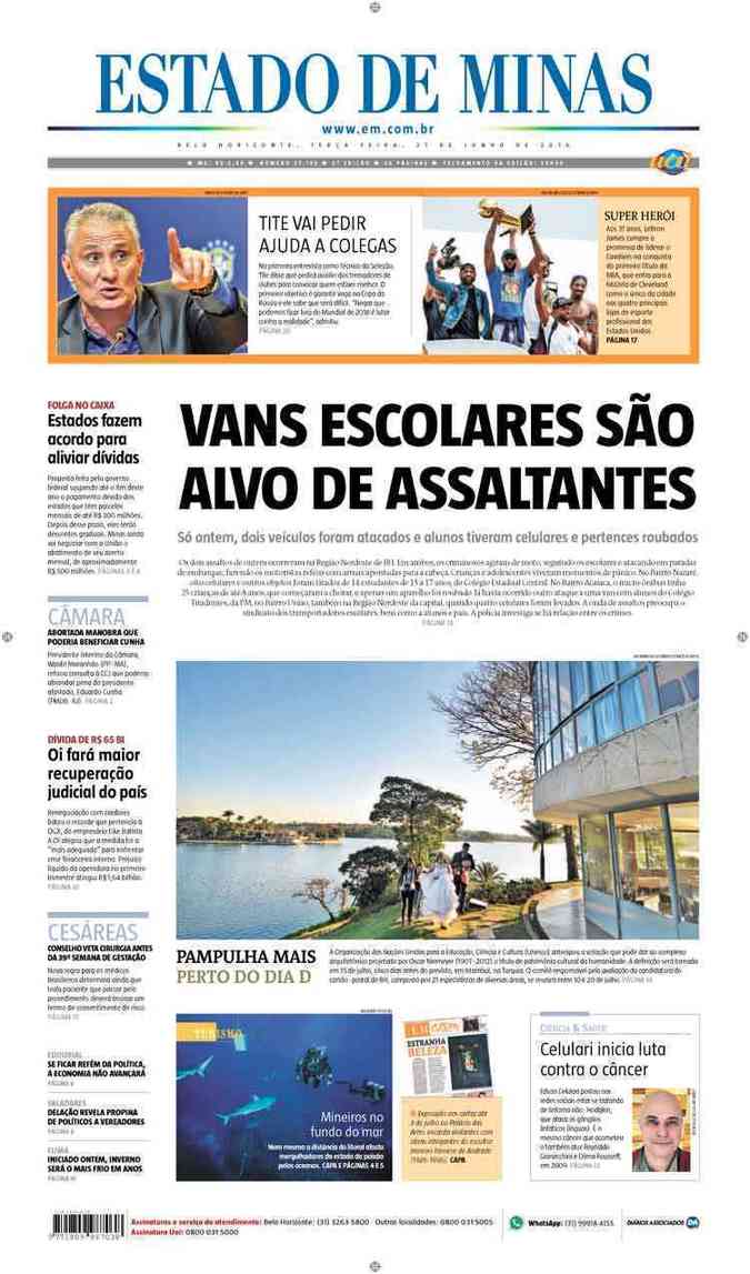 Confira a Capa do Jornal Estado de Minas do dia 21/06/2016